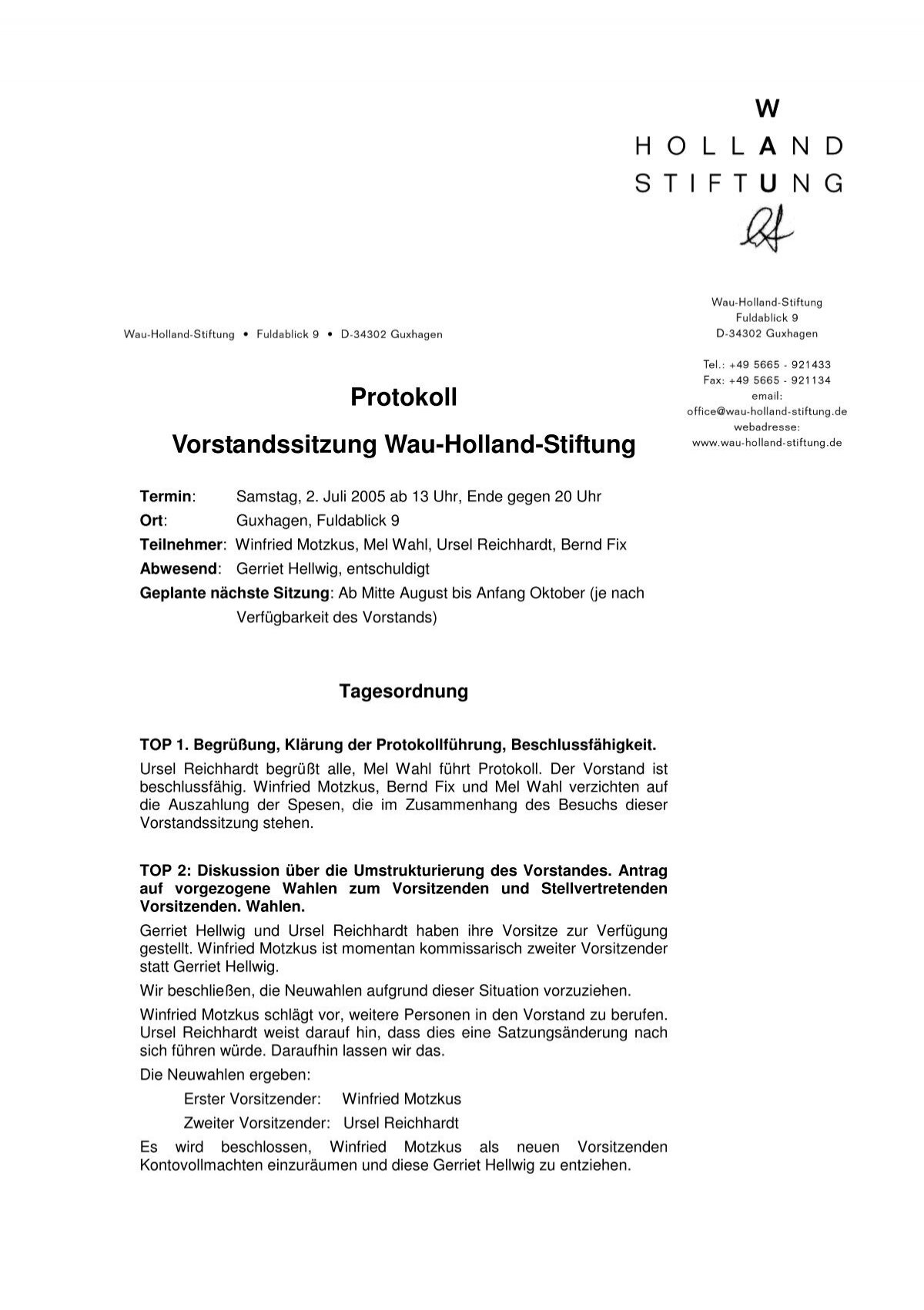 Protokoll Vorstandssitzung Wau-Holland-Stiftung